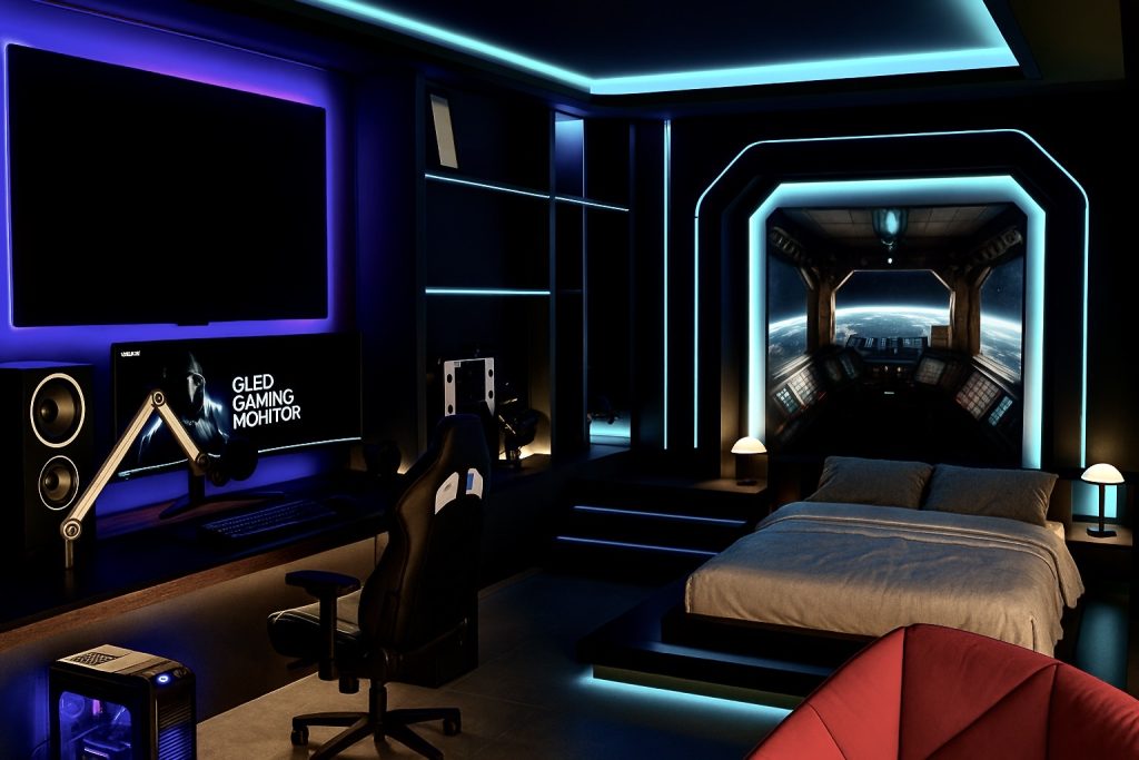 The image depicts a futuristic gamer’s bedroom with a sleek, high-tech aesthetic illuminated by blue and violet LED lighting.